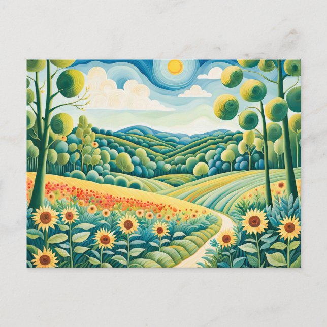 Postal Paisaje Pastel con Campos de Girasol y Ruta (Anverso)