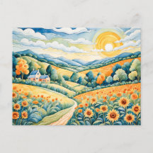 Paisaje Pastel con Campos de Girasol y Ruta