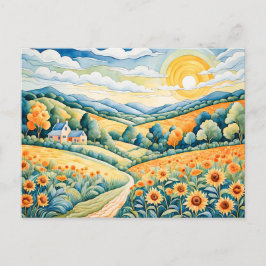 Postal Paisaje Pastel con Campos de Girasol y Ruta