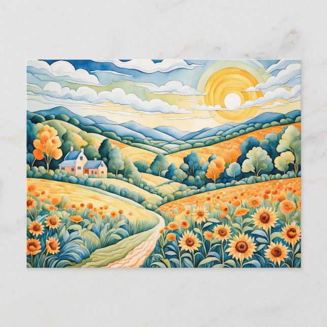 Postal Paisaje Pastel con Campos de Girasol y Ruta (Anverso)