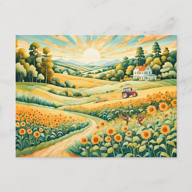 Postal Paisaje Pastel con Campos de Girasol y Ruta (Anverso)