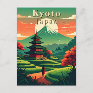 Postal Paisaje Retro de Kyoto Japón Pagoda Monte Fuji