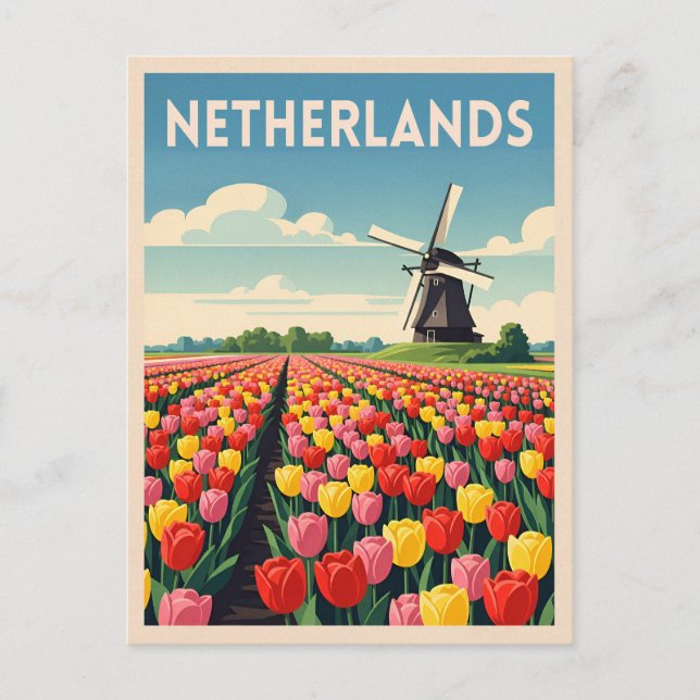 Postal Paisaje Retro Vintage Holanda Tulips (Anverso)