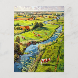 Postal Paisaje rural con vacas y arroyo Pintura de fantas