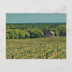 Postal Paisaje rural rústico con granero y viñedo