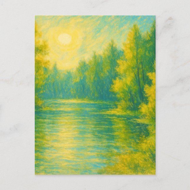 Postal Paisaje soleado junto al lago - Estilo de pintura  (Anverso)