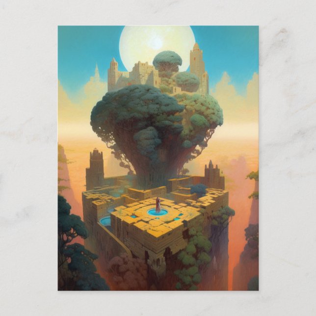 Postal Paisaje surrealista Castillo Árboles Fantasía Arte (Anverso)