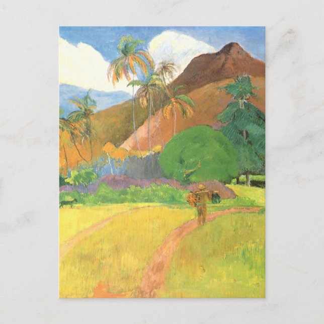 Postal Paisaje tahitiano, montañas Tahiti, Paul Gauguin (Anverso)