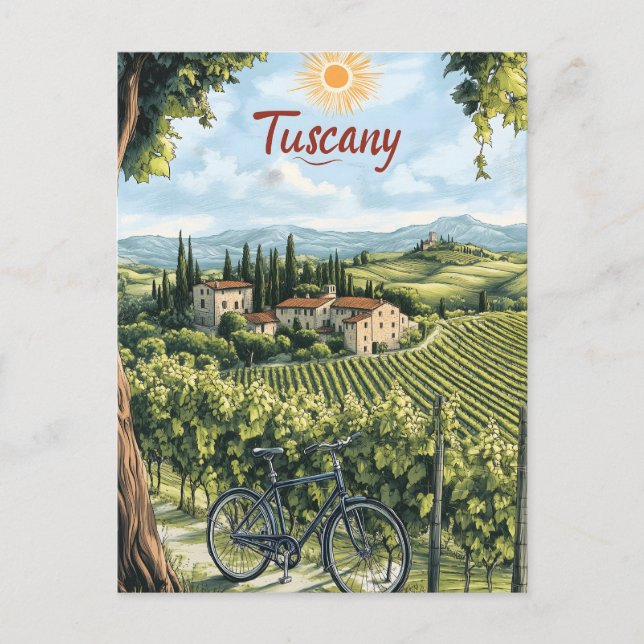 Postal Paisaje toscano con viñedos y bicicleta (Anverso)