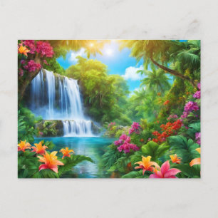 Postal Paisaje tropical con flores, cascada