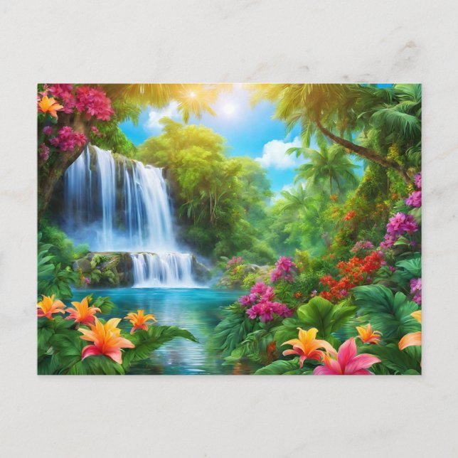 Postal Paisaje tropical con flores, cascada (Anverso)