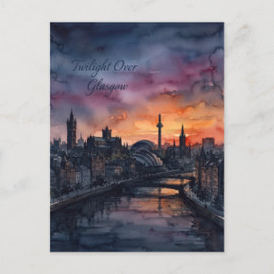 Postal Paisaje urbano al atardecer de Glasgow en acuarela