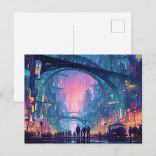 Postal Paisaje urbano ciberpunk futurista con arcos brill