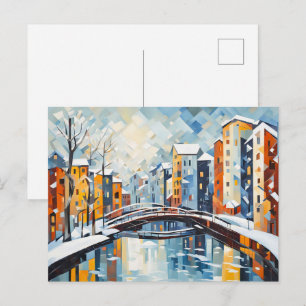 Postal Paisaje urbano cubista con canal nevado