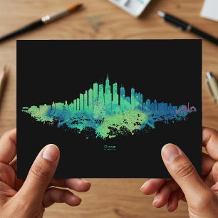 Postal Paisaje urbano de Chicago acuarela azul verde arte