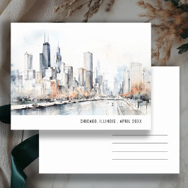 Postal Paisaje urbano de Chicago Illinois Acuarela Viaje