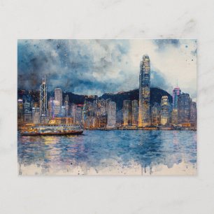 Postal Paisaje urbano de Hong Kong - Pintura de salpicadu