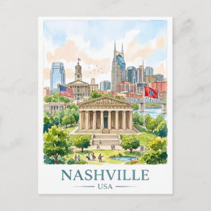Postal Paisaje urbano de Nashville Tennessee en acuarela