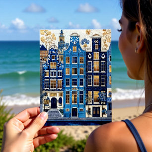 Postal Paisaje urbano dorado Delft Blue