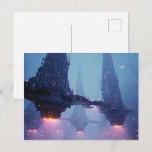 Postal Paisaje urbano futurista con estructuras flotantes