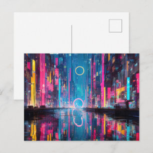 Postal Paisaje urbano futurista vibrante de neón nocturno
