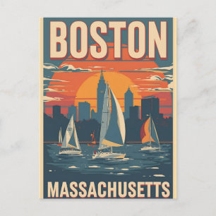 Postal Paisaje urbano retro de Boston y veleros   Massach