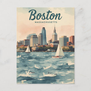 Postal Paisaje urbano retro de Boston y veleros Massach