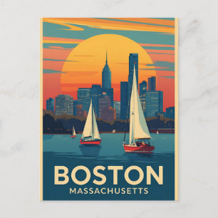 Postal Paisaje urbano retro de Boston y veleros   Massach