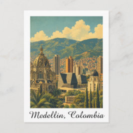 Postal Paisaje urbano vintage de Medellín Colombia Viaje