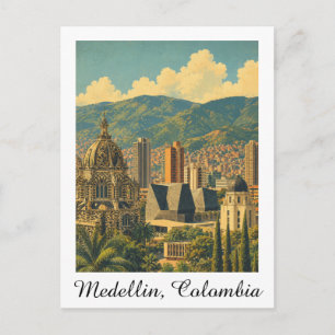 Postal Paisaje urbano vintage de Medellín Colombia Viaje