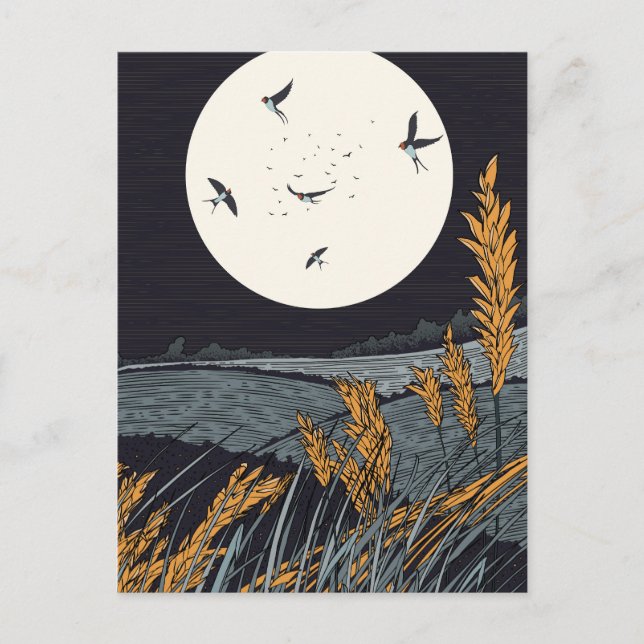 Postal Paisaje vintage japonés de noche (Anverso)