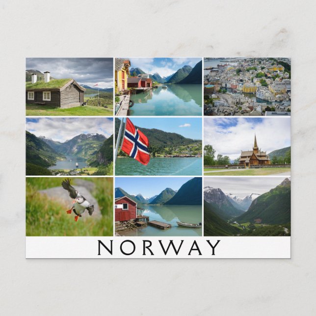 Postal Paisajes y el texto: 'Noruega' en collage (Anverso)