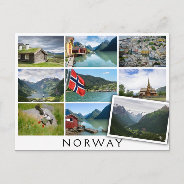 Postal Paisajes y el texto: 'Noruega' en collage (Anverso)