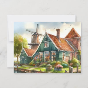Postal Países Bajos con molinos, tulipanes, daffodils