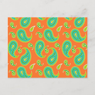 Postal Paisley azul-verde sobre Naranja brillante