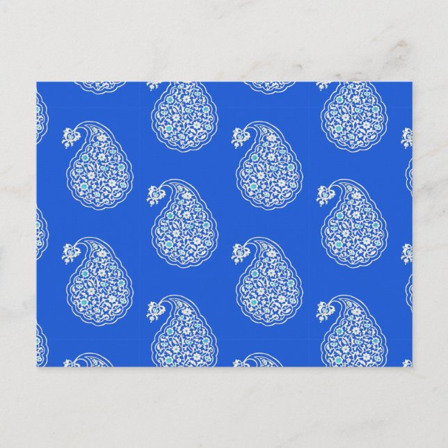 Postal Paisley de tejas persas - blanco sobre azul (Anverso)
