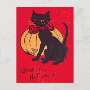 Postal Pajarita de Gato Negro Calabaza Vintage