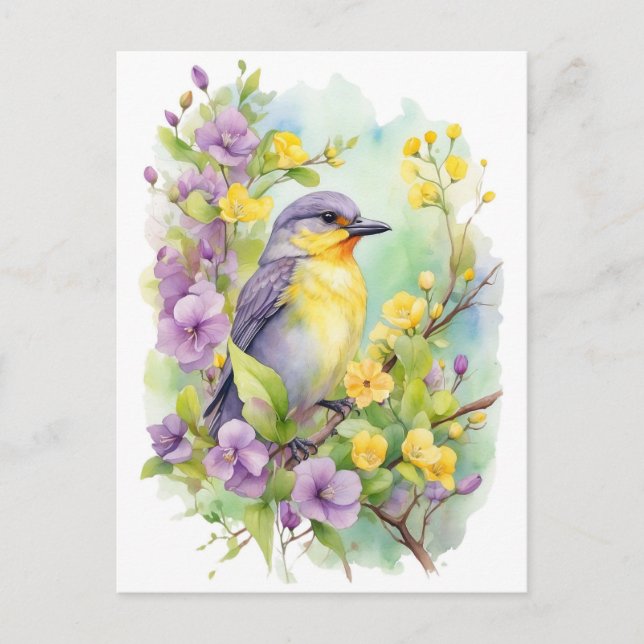 Postal Pájaro acuarela con flores violetas y amarillas  (Anverso)