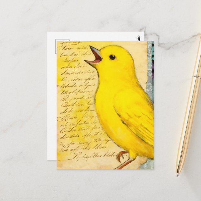 Postal Pájaro Amarillo Medios Mixtos (Anverso/Reverso In Situ)