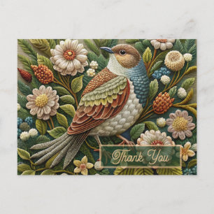 Postal Pájaro Antiguo en Bosque Bordado Agradecimiento