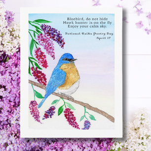 Postal Pájaro Azul Acuarela Haiku Nacional En Árbol De Li