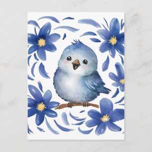 Postal Pájaro azul con flores