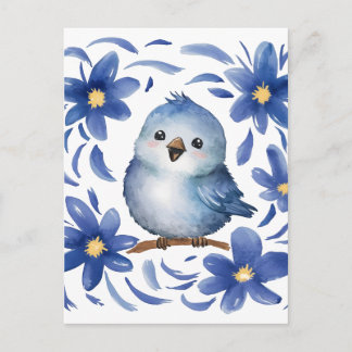Postal Pájaro azul con flores