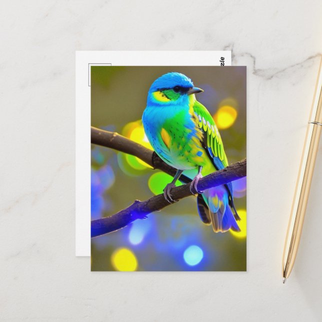 Postal Pájaro azul de fantasía verde en una rama (Anverso/Reverso In Situ)