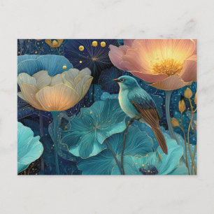 Postal Pájaro Azul Posado en Medio de Flores Resplandecie