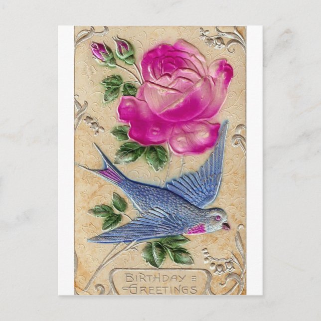 Postal Pájaro Azul Rosa Rosa (Anverso)
