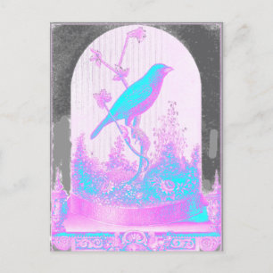 Postal Pájaro azul turquesa, rosa pálido, morado, negro