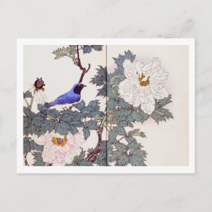 Postal Pájaro azul y peonía, Imao Keinen