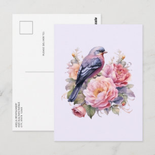 Postal Pájaro Cantando sobre Peonías Rosadas