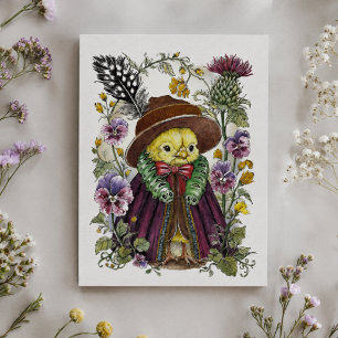 Postal Pájaro caprichoso con atuendo victoriano y flor si